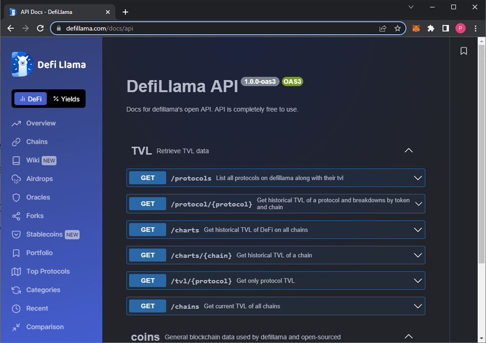 DeFi Llama API documentation