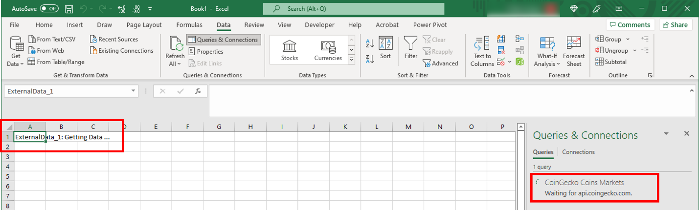 Excel running the query and fetching the requested data 