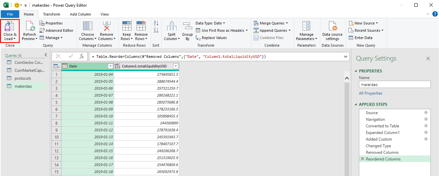 Queried data is now cleaned up and ready for import to our Excel sheet